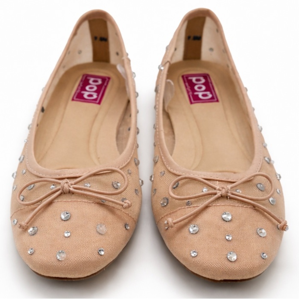 NWOT Pop Comfort Fit Nude Mesh Rhinestone Ballet Flats Size 7.5 Crystal Studded